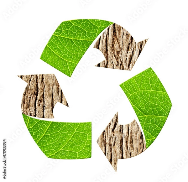 Fototapeta Arrows recycle symbol with bark and green leaf texture. Reuse, renewable resources. Eco-friendly, Ecology, go green, Green Energy, environmental, zero waste, responsible consumption concept