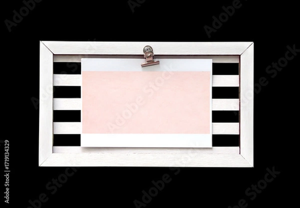 Fototapeta Retro wooden frame with blank paper sheet. Vintage style mood board layout. Vintage wooden empty picture frame. Copy space for text. Isolated on black background