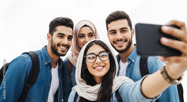 Fototapeta Smiling Middle Eastern students take selfie together, capturing youthful happiness and friendship, ideal for promoting global education and inclusive travel