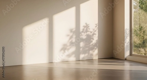 Obraz Minimalist interior with warm sunlight and long window shadows
