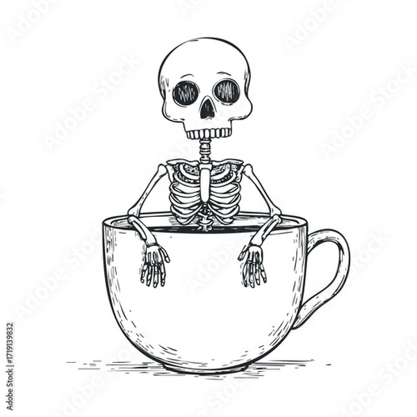 Fototapeta Skeleton enjoying a hot beverage in a large cup. Vector illustration