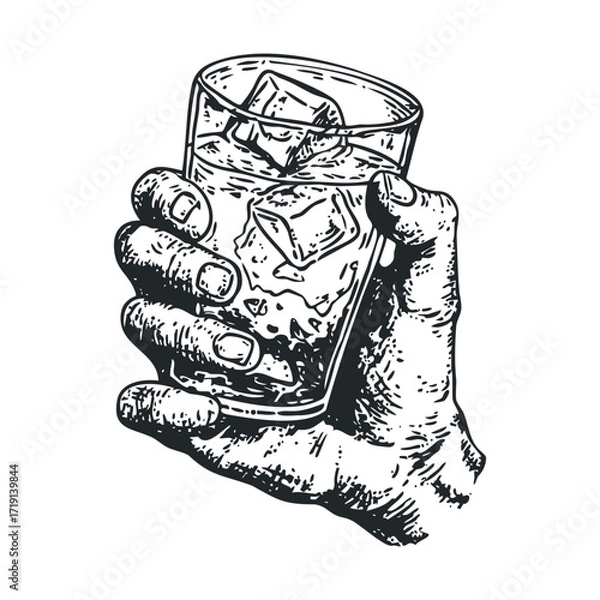 Fototapeta Hand holding a glass with ice cubes and refreshing drink. Vector illustration