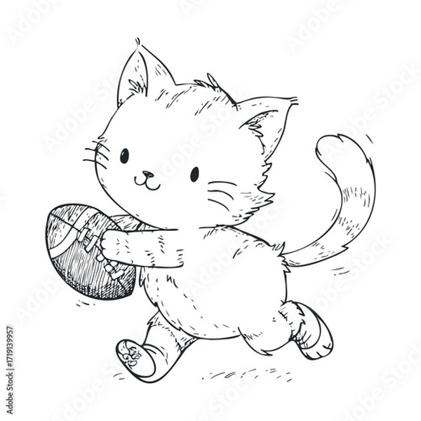 Fototapeta Playful kitten enjoys a game of football in a fun sketch. Vector illustration