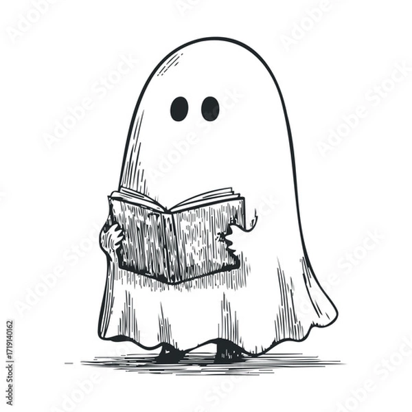 Fototapeta Friendly ghost reading a book in a whimsical style for Halloween theme. Vector illustration