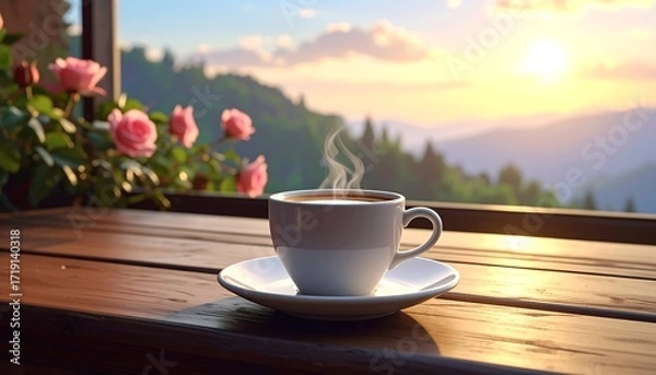 Fototapeta Morning serenity with a steaming cup of coffee