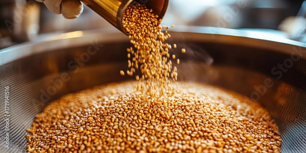 Fototapeta Close up of grains being poured into a metal sieve for processing and cleaning