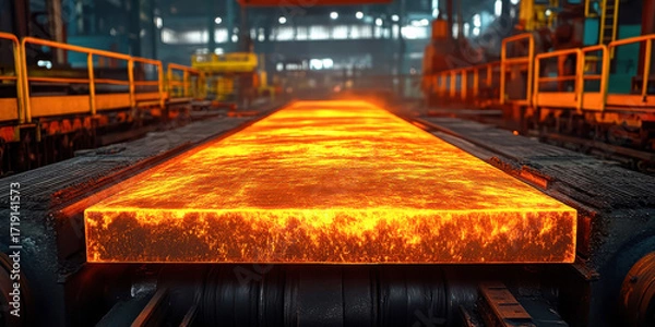 Fototapeta Hot steel slab on rollers in a steel mill, ready for further processing and manufacturing