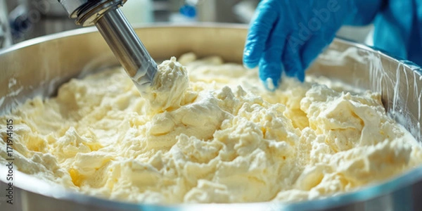 Fototapeta Close up of a machine mixing cream in a stainless steel tank in a food factory