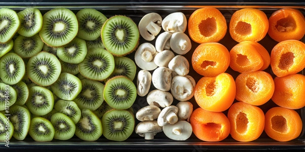 Fototapeta Rows of sliced kiwi fruit, mushroom, and apricot on a black tray, healthy food concept