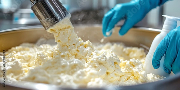 Fototapeta Worker in blue gloves pouring fresh cheese curds into a large vat for processing