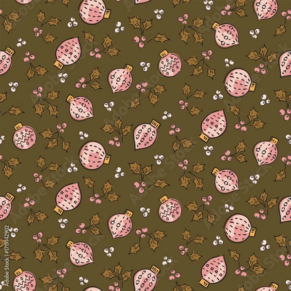 Fototapeta Holly baubles with leaves and berries, forming a Christmas maximalist pattern in colors of pink, yellow, brown and black on green. Holiday seamless vector pattern. Great for home decor, fabric, gifts.