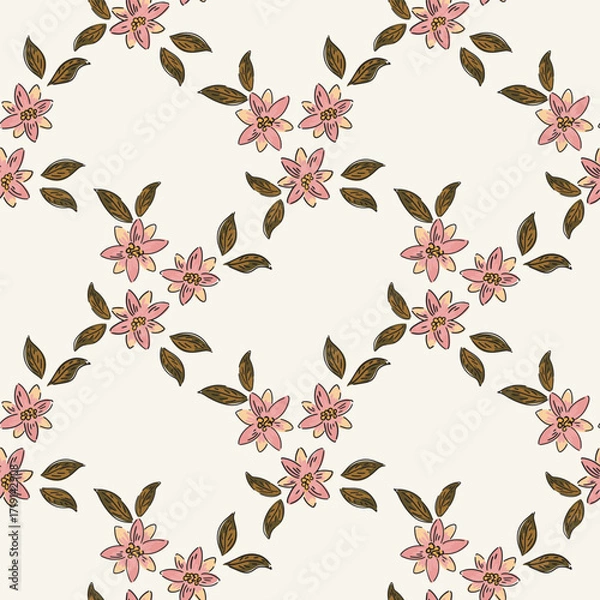 Fototapeta Poinsettia flowers with leaves in a lattice pattern as a minimalist Christmas pattern in colors of pink, yellow, green and black on off white. Holiday seamless vector pattern. Great for home decor,etc