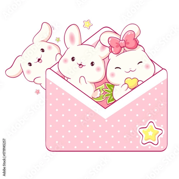 Fototapeta Square card in kawaii style with cute rabbit in envelope. Three little bunny in open letter. Can be used for t-shirt print, sticker, badge, greeting card. Vector illustration EPS8