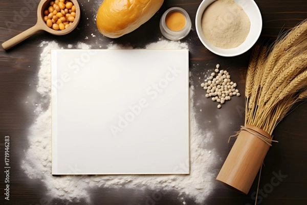 Obraz Artisanal bakery:  Fresh mixed Bun, rolls and ingredients making a frame with copy space