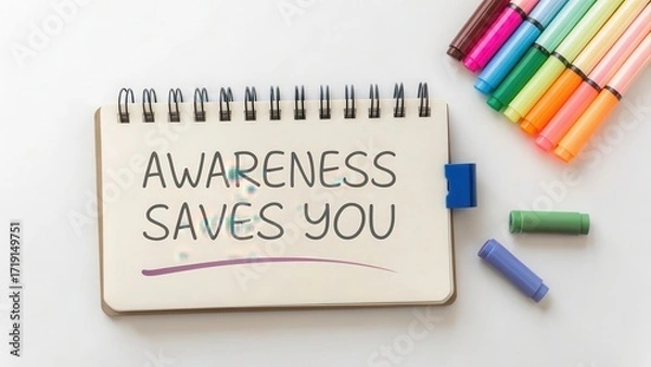 Fototapeta Awareness Saves You: A Creative Reminder on a Notebook with Markers