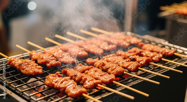 Fototapeta A close up of pork skewers or thai mooping on a street cart grill 