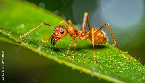 Fototapeta Macro shot of an orange ant on a leaf