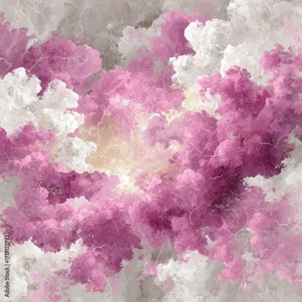 Fototapeta Dreamy abstract background with romantic pink cloudscape and cracked grunge marble texture