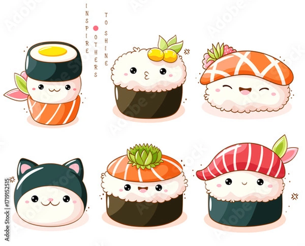 Fototapeta Set of cute sushi and rolls in kawaii style. Japanese traditional cuisine dishes. Can be used for t-shirt print, sticker, greeting card, menu design. Vector illustration EPS8