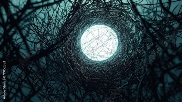 Fototapeta Mysterious abstract concept of glowing orb protected in dark nest of tangled roots or wires