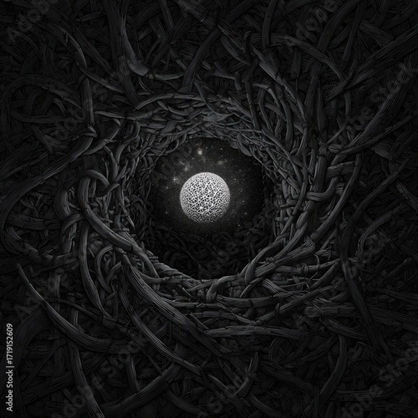 Fototapeta Surreal concept of cosmic orb with sacred geometry pattern protected in dark tangled nest