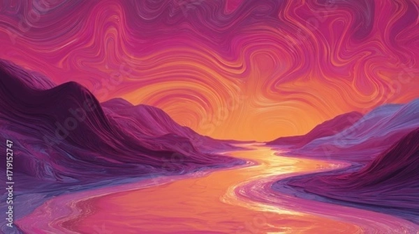 Fototapeta Vibrant and surreal landscape with flowing golden river under psychedelic impasto sunset sky