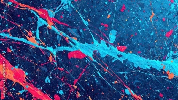 Fototapeta Dynamic and expressive abstract background with vibrant colorful paint splatters on dark canvas