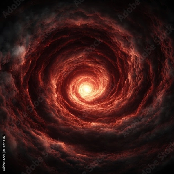 Fototapeta Cinematic journey through swirling vortex of fiery storm clouds towards mysterious bright light