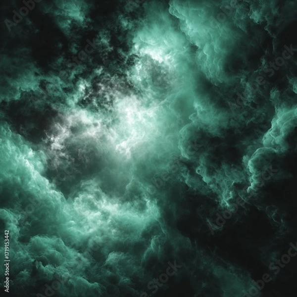 Fototapeta Dramatic and atmospheric background of moody emerald green storm clouds with cinematic light