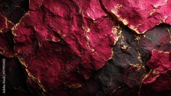Fototapeta Luxurious abstract background of dark magenta rock with rich cracked texture and golden veins