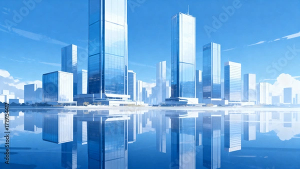 Fototapeta Modern glass skyscrapers reflecting in calm water under a clear blue sky