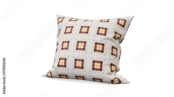 Fototapeta Decorative pillow with geometric pattern Home textile design Red and yellow squares pattern Isolated on white background