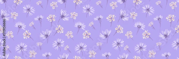 Fototapeta Seamless vector pattern with soft lavender background and delicate wildflowers in light yellow and lilac tones. Elegant floral design for fabrics, wallpaper, and decor