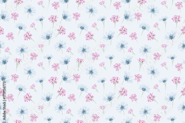Fototapeta Seamless vector pattern with soft blue and pink wildflowers on a light pastel background. Template for fabrics, gift wrap, wallpapers, and romantic design projects