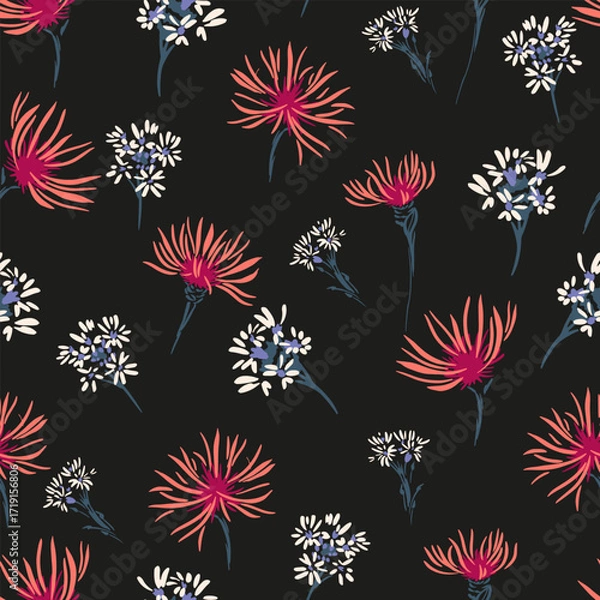 Fototapeta Seamless vector floral pattern with red and white wildflowers on a black background. Designs for fabric, wallpaper, wrapping paper, and elegant fashion or home decor