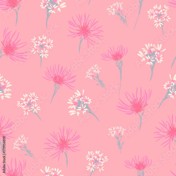 Fototapeta Seamless vector floral pattern with pink and white wildflowers on a pastel pink background. Template for fabric, wallpaper, gift wrap, and romantic spring or summer designs
