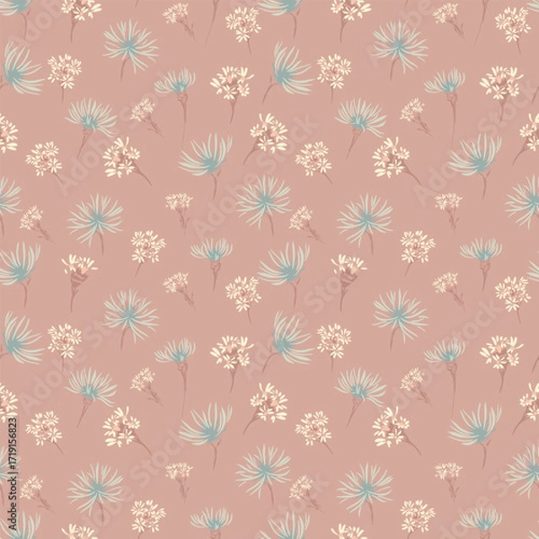 Fototapeta Seamless vector floral pattern with soft beige and teal wildflowers on a warm terracotta background. Elegant botanical design for fabrics, wallpapers, and decor