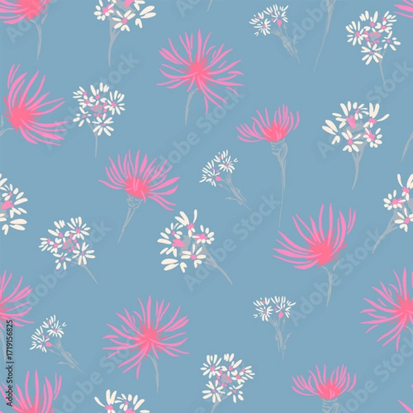 Fototapeta Seamless vector floral pattern with pink and white wildflowers on a soft blue background. Template for fabric, wallpaper, wrapping paper, and romantic spring designs