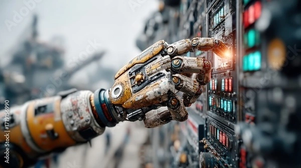 Fototapeta Robotic hand skillfully adjusts control panel settings in a modern factory filled with advanced mechanical structures
