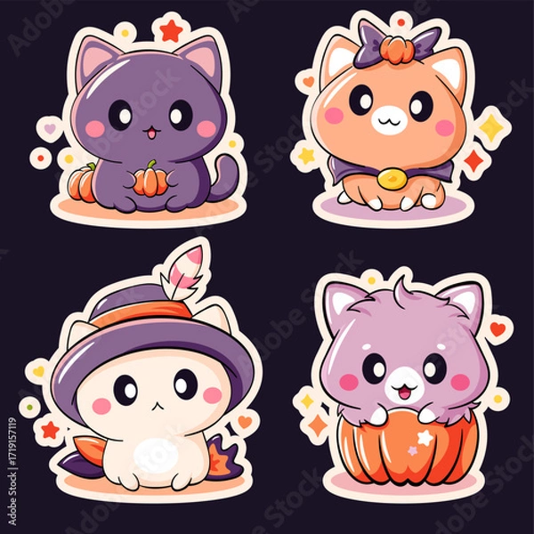 Fototapeta Adorable cats set. Happy Halloween collection with cute kitty in kawaii style. Can be used for t-shirt print, sticker, greeting card, badge design. Vector illustration EPS8