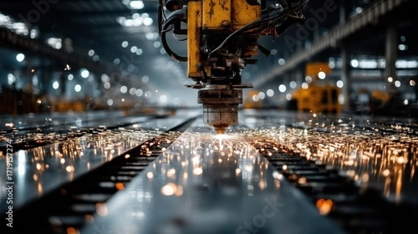 Fototapeta Futuristic robot welding steel frames inside an industrial plant with sparks illuminating the dark atmosphere
