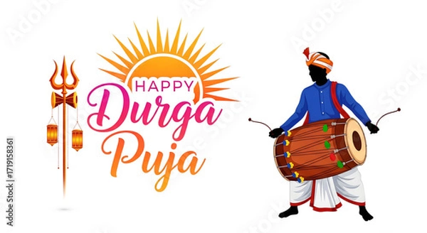 Obraz Man playing dhol drum with Durga Puja text and trident isolated on a transparent background happy celebration.