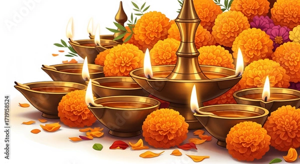 Obraz Brass oil lamps with marigold flowers and flickering flames isolated on a transparent background diwali.