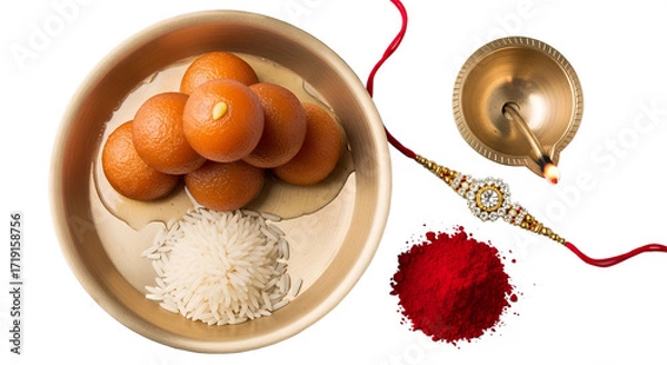 Obraz Traditional Indian sweets rakhi diya and kumkum for celebration isolated on a transparent background.