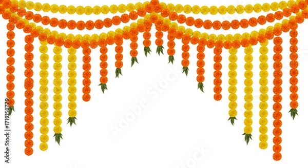 Obraz Festive Indian Marigold Garland Archway with Yellow and Orange Flowers isolated on a transparent background.