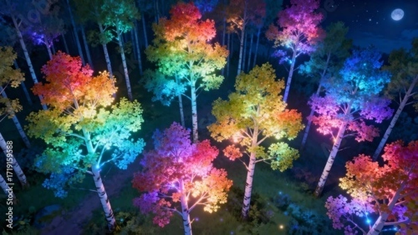 Fototapeta Aspen Trees with Rainbow-Glowing Leaves at Night
