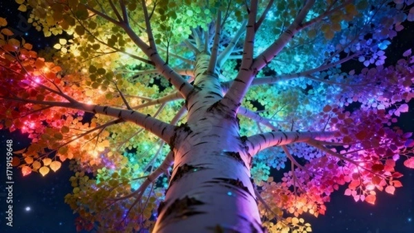 Fototapeta Shimmering Aspen Canopy in Rainbow Colors at Night