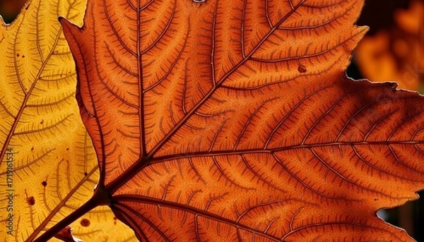 Fototapeta Close-Up Depiction of Vibrant Red and Golden Autumn Leaves Showcasing Intricate Veins and Patterns against a Soft Blurred Background of Warm Fall Colors