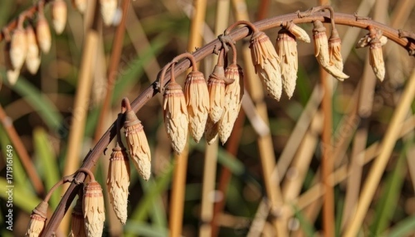 Fototapeta Close-up View of Dried Brown Flower Buds on Curved Stem Against Blurred Nature Background in Warm Sunlight
