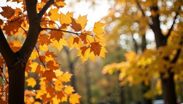 Fototapeta Golden Hour Autumn Scene Featuring Vibrant Orange Maple Leaves Bathed in Soft Sunlight on a Serene Afternoon Highlighting the Beauty of Fall Foliage